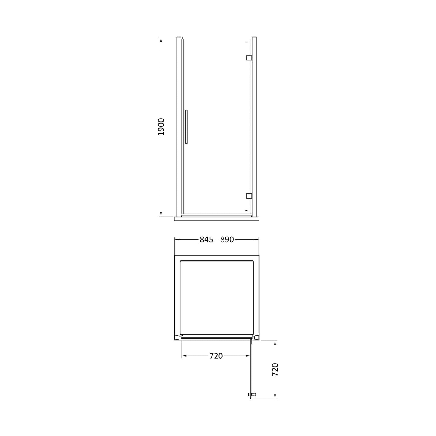 [BESOHD9] Sonic 8mm Toughened Safety Glass Hinged Shower Door - Multiple Sizes Available - Technical Drawing
