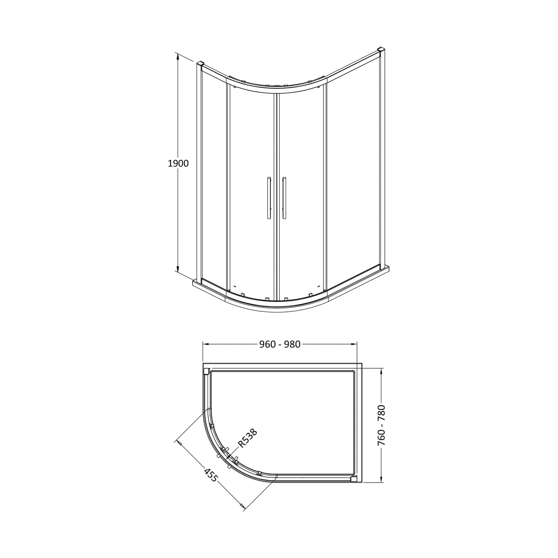 [BESOQ108H4] Sonic 8mm Toughened Safety Glass Offset Quadrant Shower Enclosure - Multiple Sizes Available - Technical Drawing