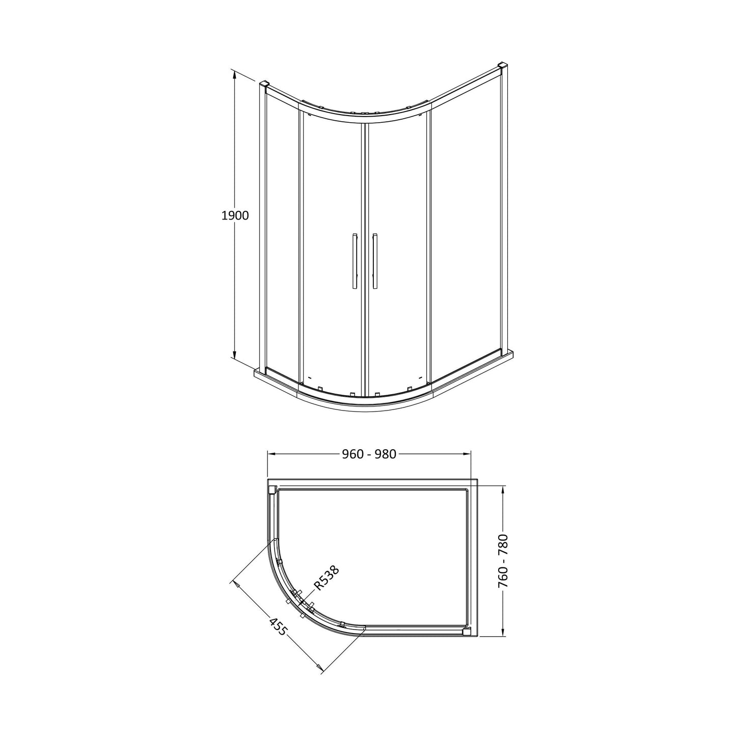 [BESOQ108] Sonic 8mm Toughened Safety Glass Offset Quadrant Shower Enclosure - Multiple Sizes Available - Technical Drawing