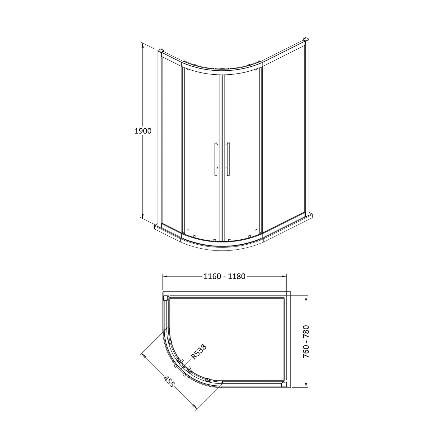 [BESOQ128H4] Sonic 8mm Toughened Safety Glass Offset Quadrant Shower Enclosure - Multiple Sizes Available - Technical Drawing
