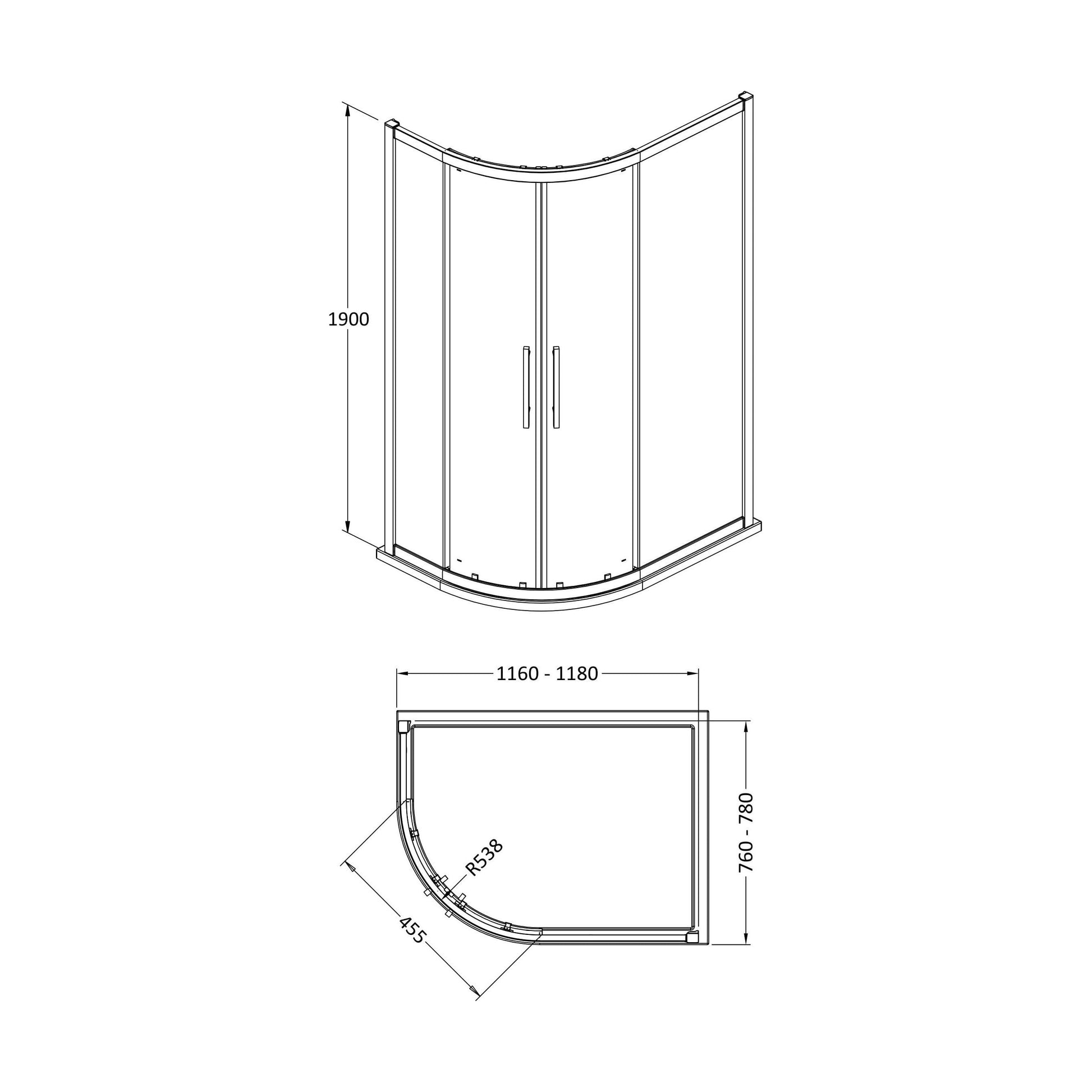 [BESOQ128] Sonic 8mm Toughened Safety Glass Offset Quadrant Shower Enclosure - Multiple Sizes Available - Technical Drawing