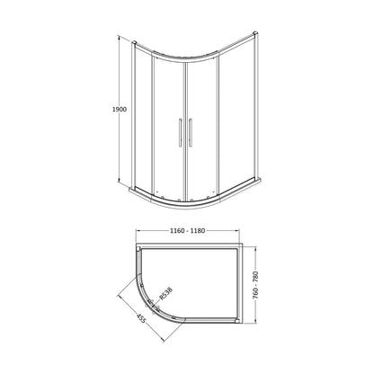 [BESOQ128] Sonic 8mm Toughened Safety Glass Offset Quadrant Shower Enclosure - Multiple Sizes Available - Technical Drawing
