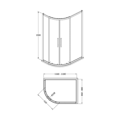 [BESOQ129] Sonic 8mm Toughened Safety Glass Offset Quadrant Shower Enclosure - Multiple Sizes Available - Technical Drawing