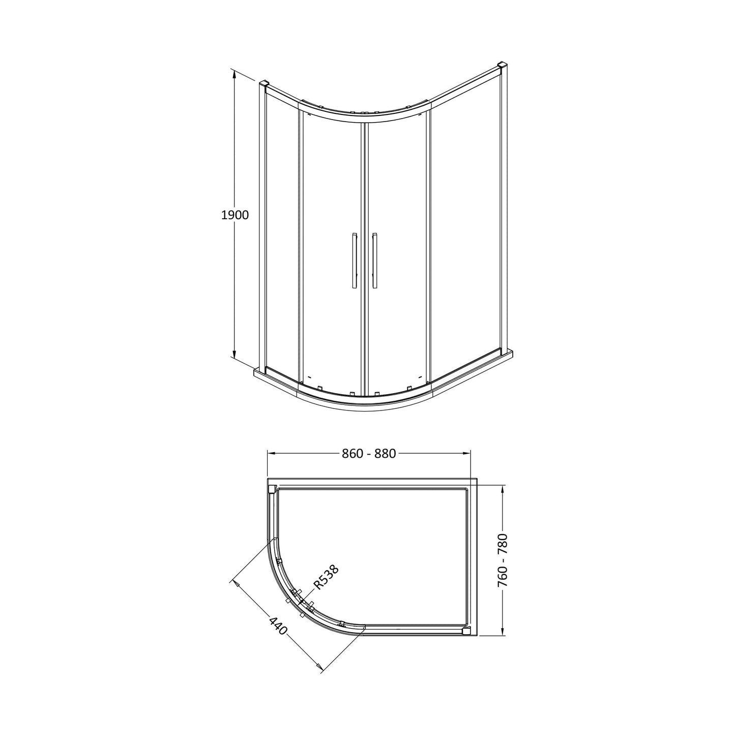 [BESOQ908H4] Sonic 8mm Toughened Safety Glass Offset Quadrant Shower Enclosure - Multiple Sizes Available - Technical Drawing