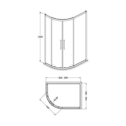 [BESOQ908H4] Sonic 8mm Toughened Safety Glass Offset Quadrant Shower Enclosure - Multiple Sizes Available - Technical Drawing