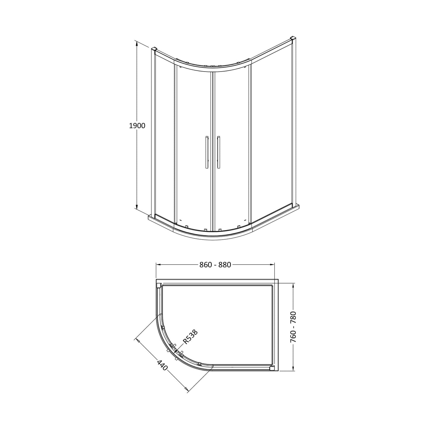 [BESOQ908] Sonic 8mm Toughened Safety Glass Offset Quadrant Shower Enclosure - Multiple Sizes Available - Technical Drawing