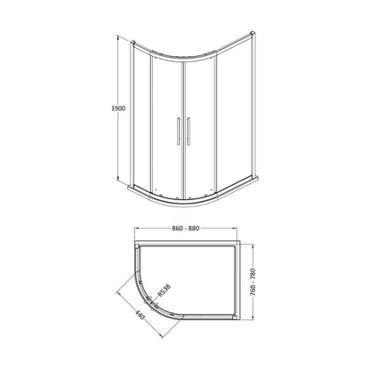 [BESOQ908] Sonic 8mm Toughened Safety Glass Offset Quadrant Shower Enclosure - Multiple Sizes Available - Technical Drawing