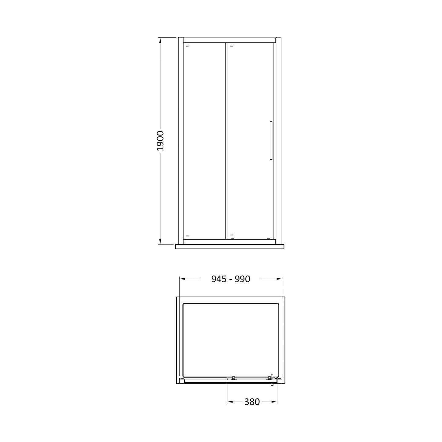 [BESOSL10H4] Sonic 8mm Toughened Safety Glass Sliding Shower Door - Available in Multiple Sizes, Choice of Handle Design - Technical Drawing