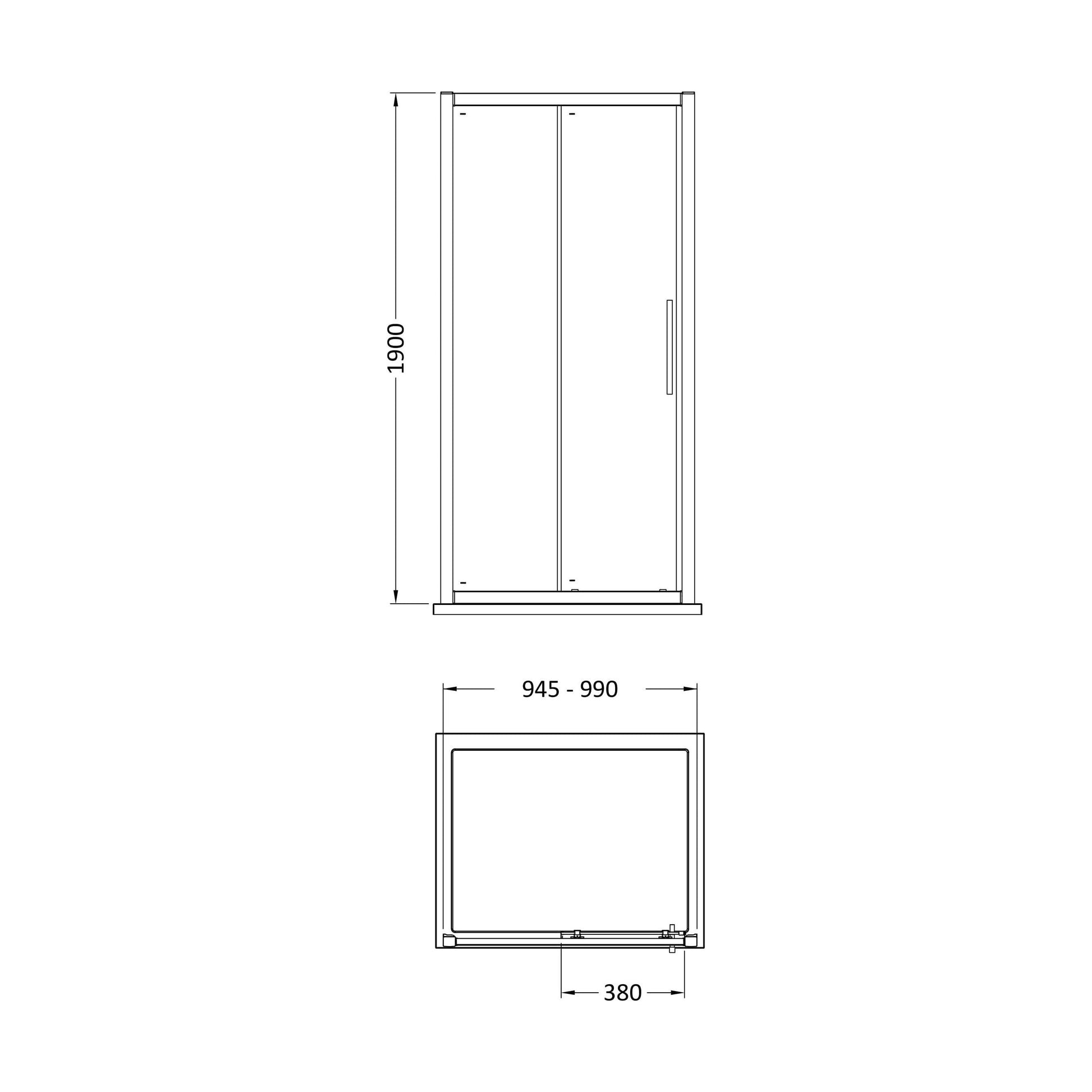 [BESOSL10H4] Sonic 8mm Toughened Safety Glass Sliding Shower Door - Available in Multiple Sizes, Choice of Handle Design - Technical Drawing
