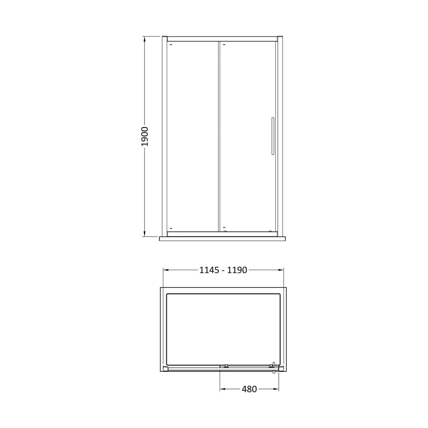 [BESOSL12] Sonic 8mm Toughened Safety Glass Sliding Shower Door - Available in Multiple Sizes, Choice of Handle Design - Technical Drawing