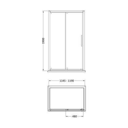 [BESOSL12] Sonic 8mm Toughened Safety Glass Sliding Shower Door - Available in Multiple Sizes, Choice of Handle Design - Technical Drawing