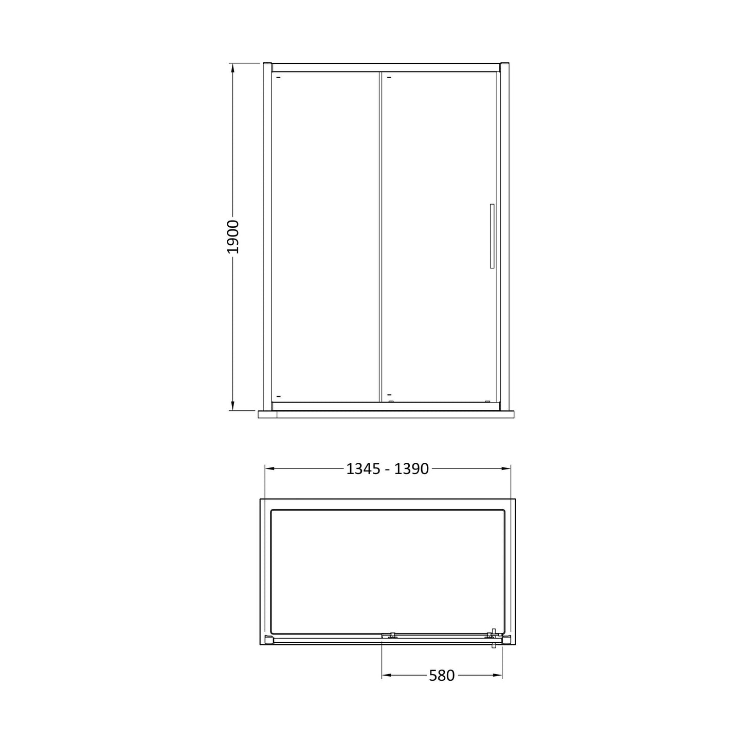 [BESOSL14] Sonic 8mm Toughened Safety Glass Sliding Shower Door - Available in Multiple Sizes, Choice of Handle Design - Technical Drawing