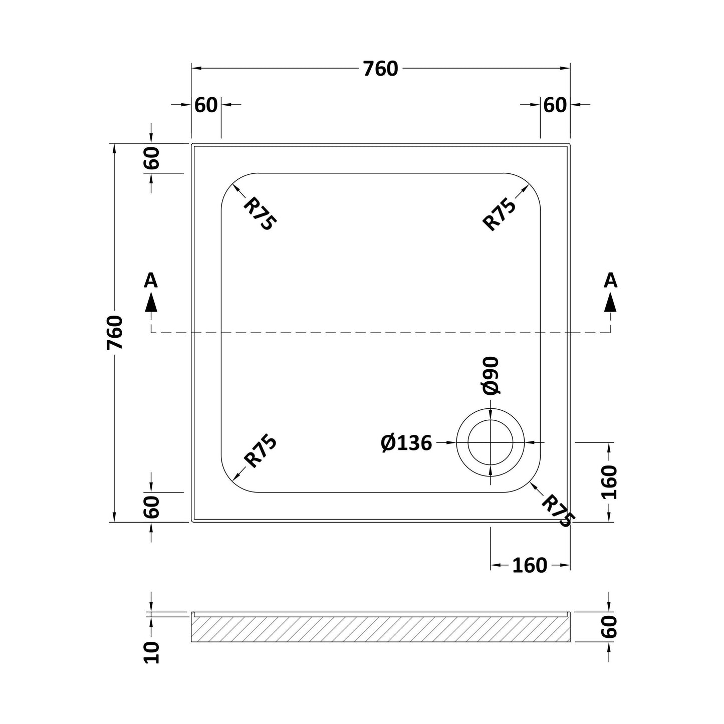 [BET2501U] White Square Stone Shower Tray with Corner Waste Position with Upstands - 760 x 760mm - Technical Drawing