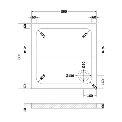 [BET2502U] White Square Stone Shower Tray with Corner Waste Position with Upstands - 800 x 800mm - Balterley - Technical Drawing