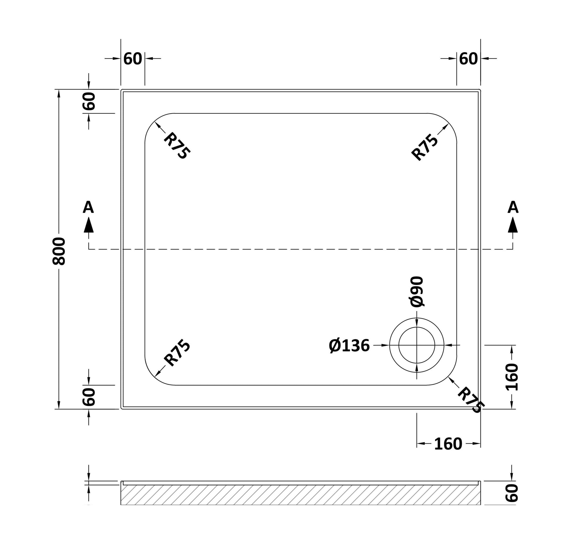 [BET2503U] Stone Tray 900x800 Incl Upstands White - Technical Drawing