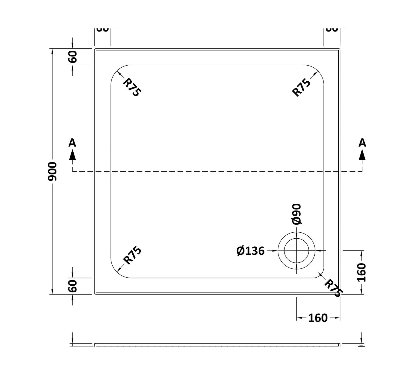 [BET2504U] Stone Tray 900x900 Incl Upstands White - Technical Drawing