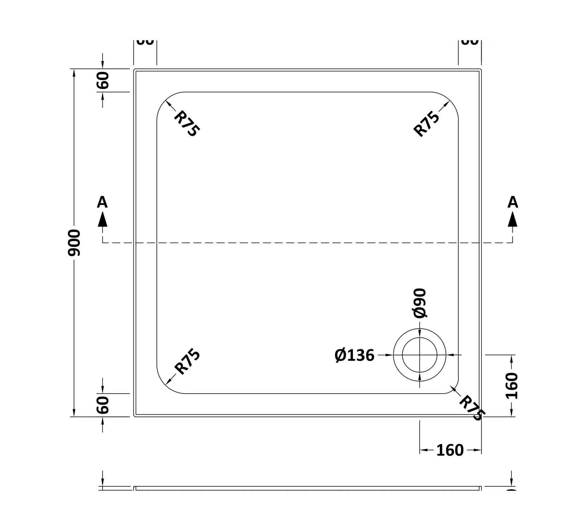 [BET2504U] Stone Tray 900x900 Incl Upstands White - Technical Drawing