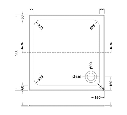 [BET2504U] Stone Tray 900x900 Incl Upstands White - Technical Drawing