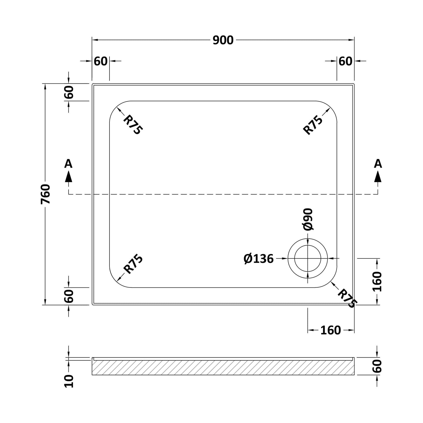 [BET2505U] Stone Tray 900x760 Incl Upstands White - Technical Drawing