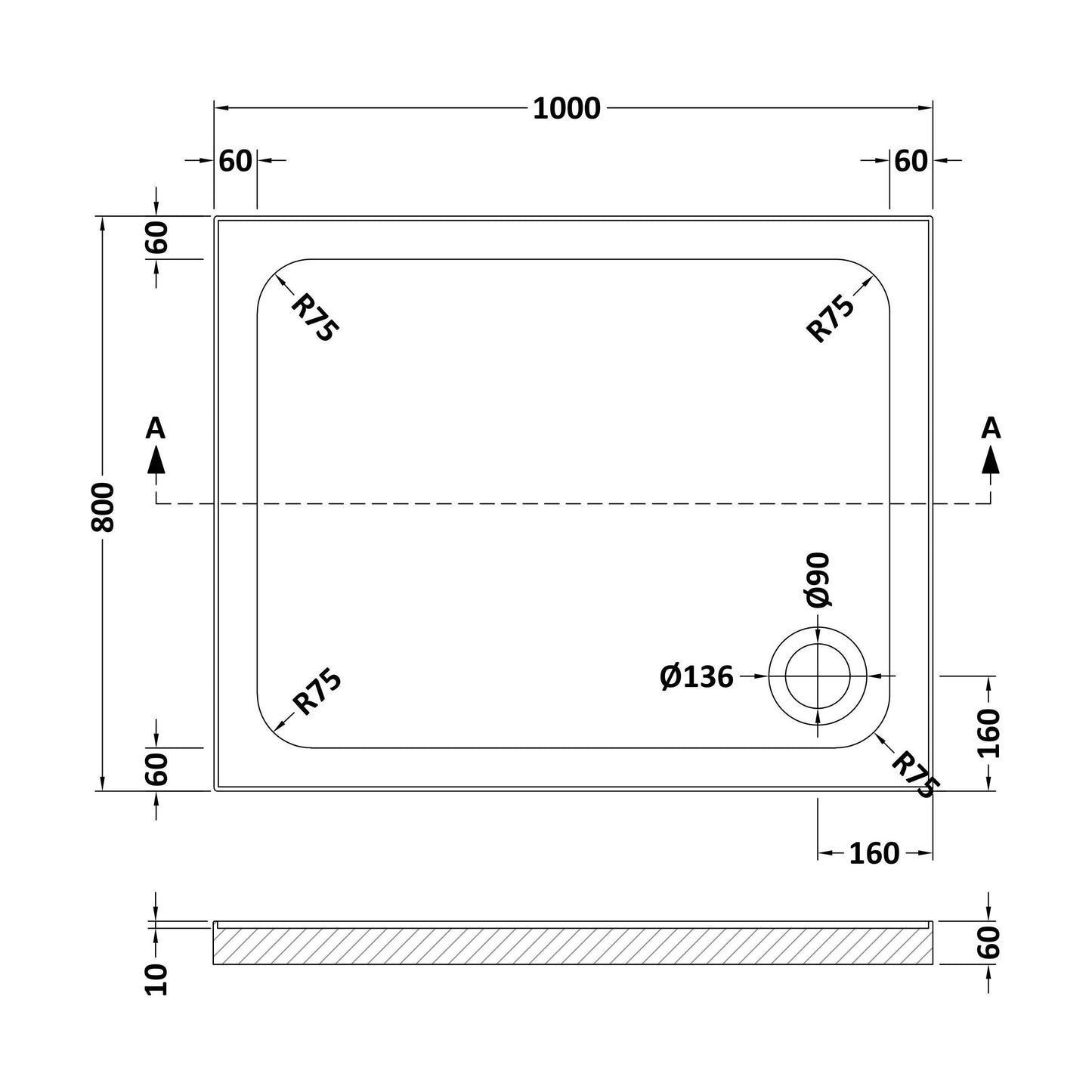 [BET2508U] Stone Tray 1000x800 Incl Upstands White - Technical Drawing