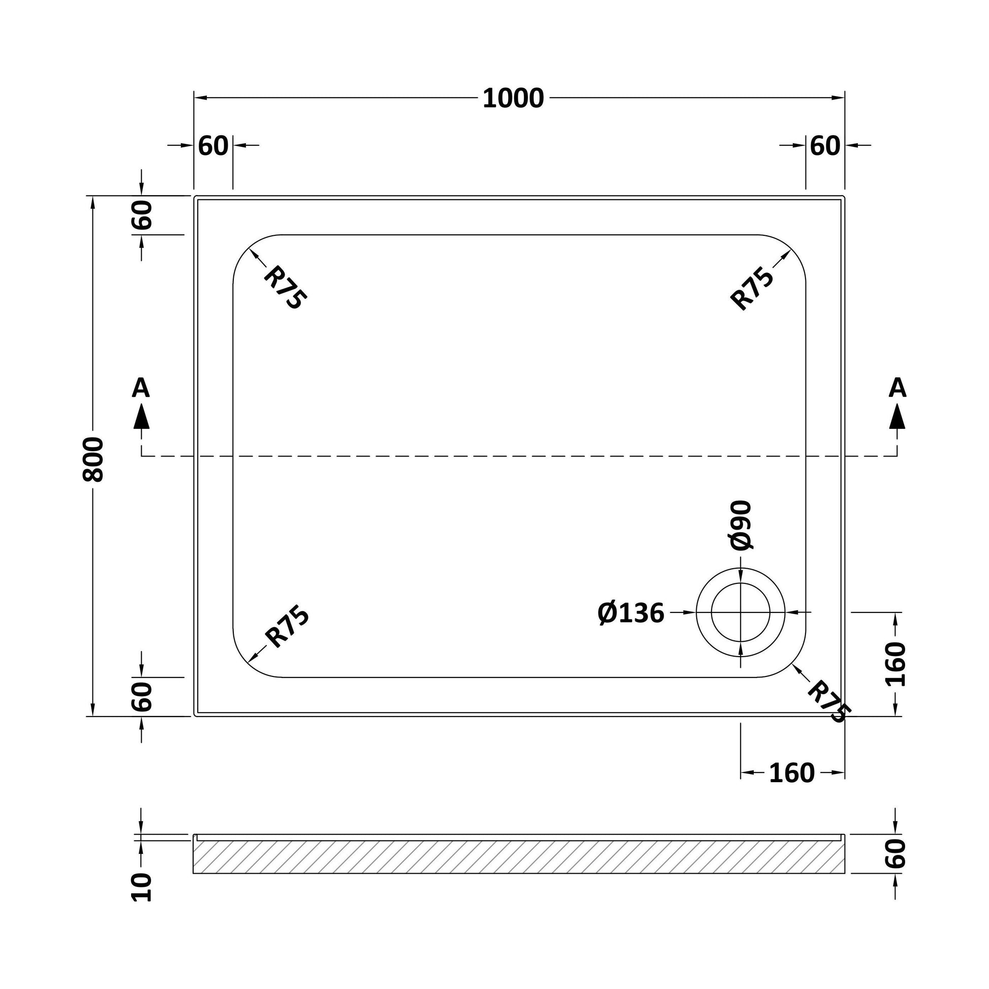 [BET2508U] Stone Tray 1000x800 Incl Upstands White - Technical Drawing