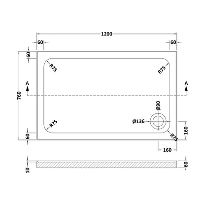 [BET2511U] Stone Tray 1200x760 Incl Upstands White - Technical Drawing