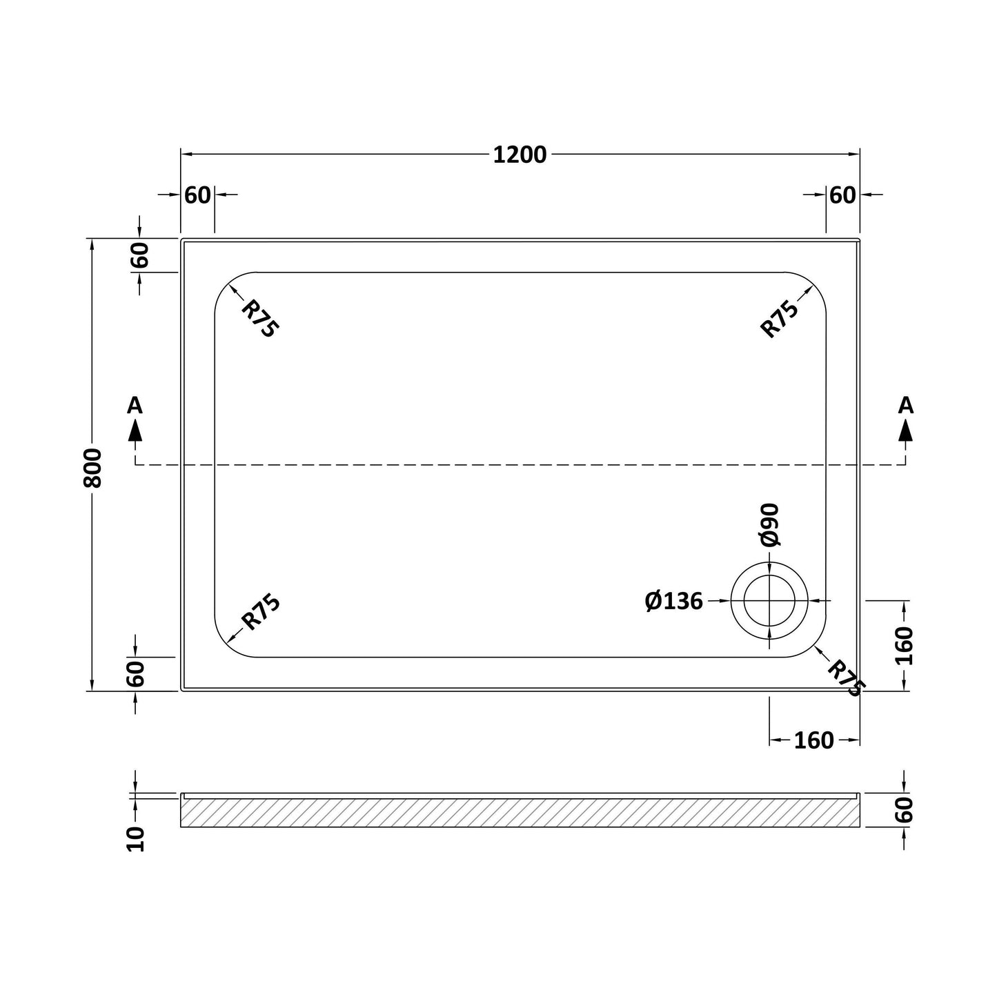 [BET2512U] Stone Tray 1200x800 Inc Upstands White - Technical Drawing