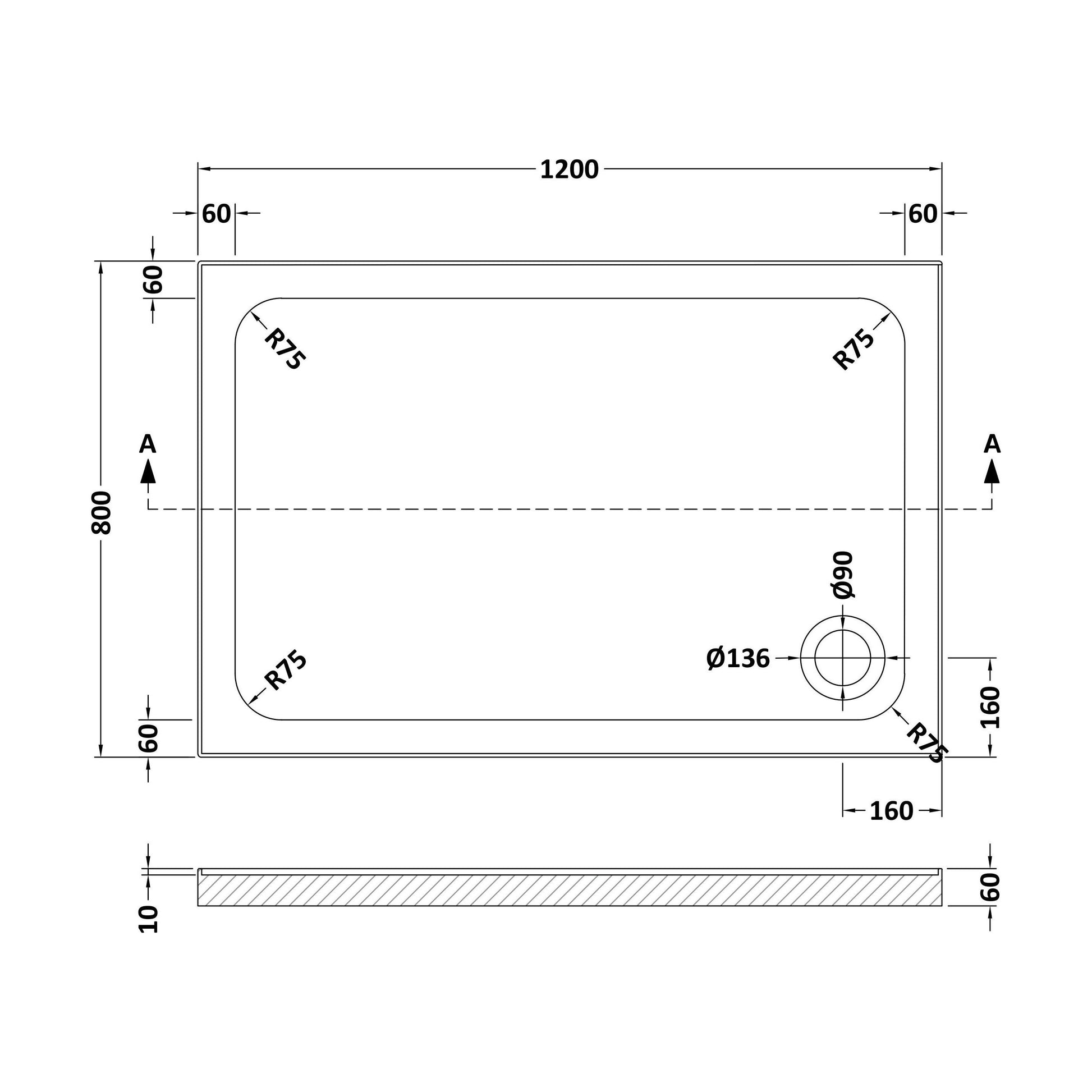 [BET2512U] Stone Tray 1200x800 Inc Upstands White - Technical Drawing
