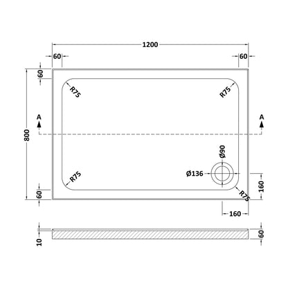 [BET2512U] Stone Tray 1200x800 Inc Upstands White - Technical Drawing