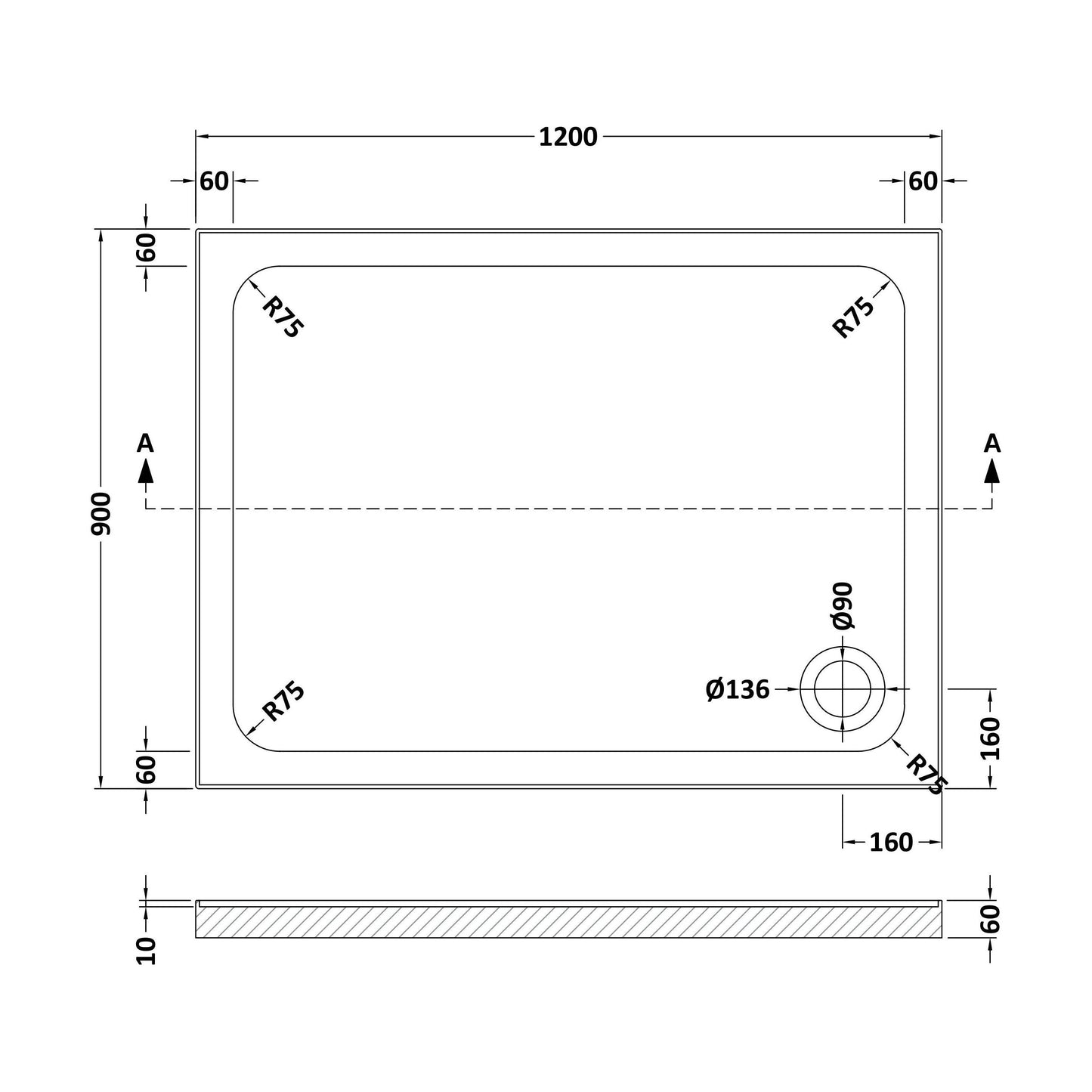 [BET2513U] Stone Tray 1200x900 Inc Upstands White - Technical Drawing