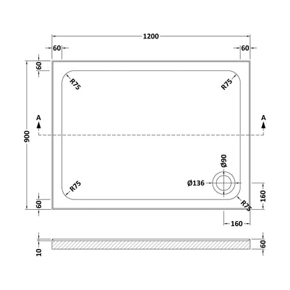 [BET2513U] Stone Tray 1200x900 Inc Upstands White - Technical Drawing