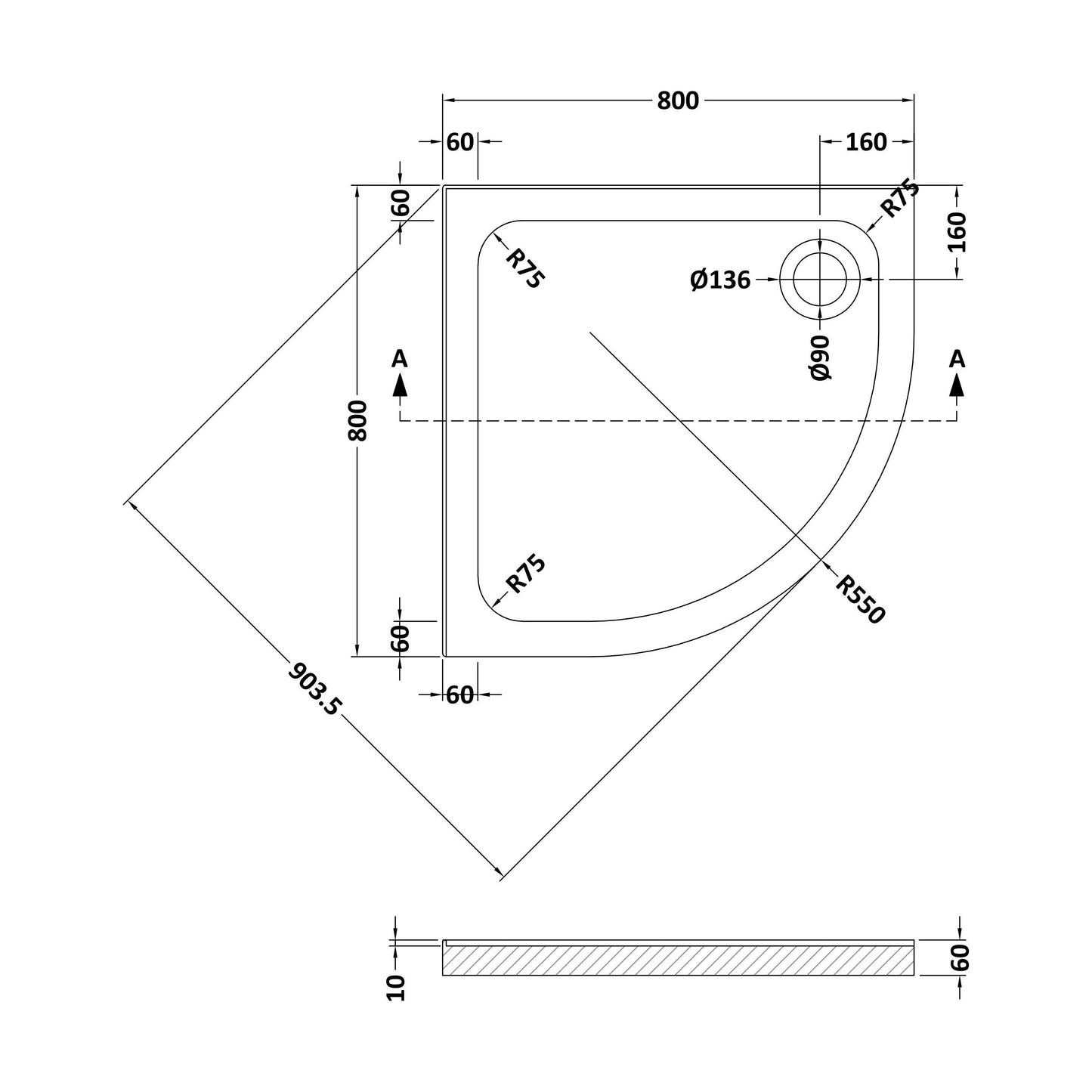 [BET2518U] White Quadrant Stone Shower Tray with Corner Waste Position with Upstands - 800 x 800 mm - Balterley - Technical Drawing