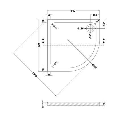 [BET2520U] White Quadrant Stone Shower Tray with Corner Waste Position with Upstands - 900 x 900 mm - Balterley - Technical Drawing