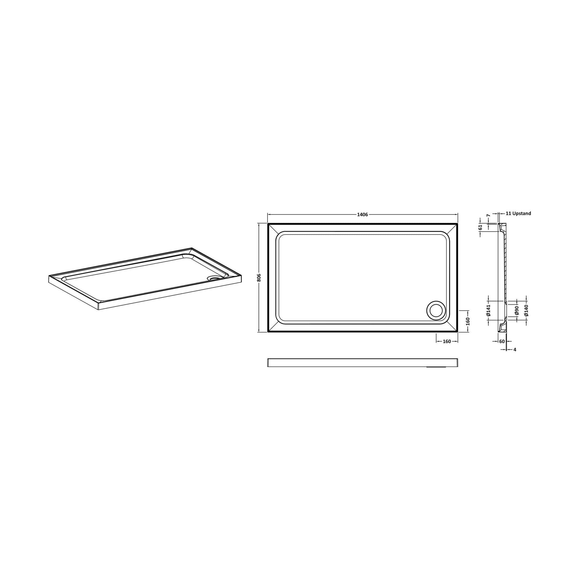 [BET2529U] Stone Tray 1400x800 Incl Upstands White - Technical Drawing