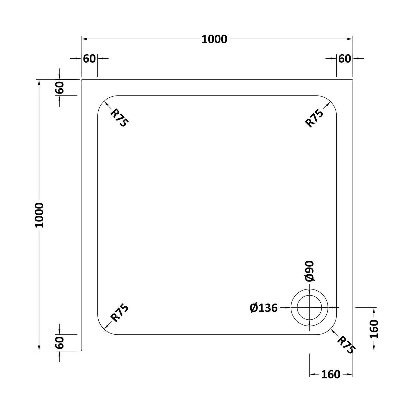 [BETASP1010] White Square Stone Slip Resistant Shower Tray - 1000 x 1000mm - Balterley - Technical Drawing