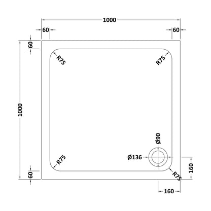 [BETASP1010] White Square Stone Slip Resistant Shower Tray - 1000 x 1000mm - Balterley - Technical Drawing