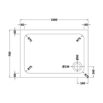 [BETASP1070] White Rectangular Stone Slip Resistant Shower Tray - Available in Multiple Sizes - Technical Drawing
