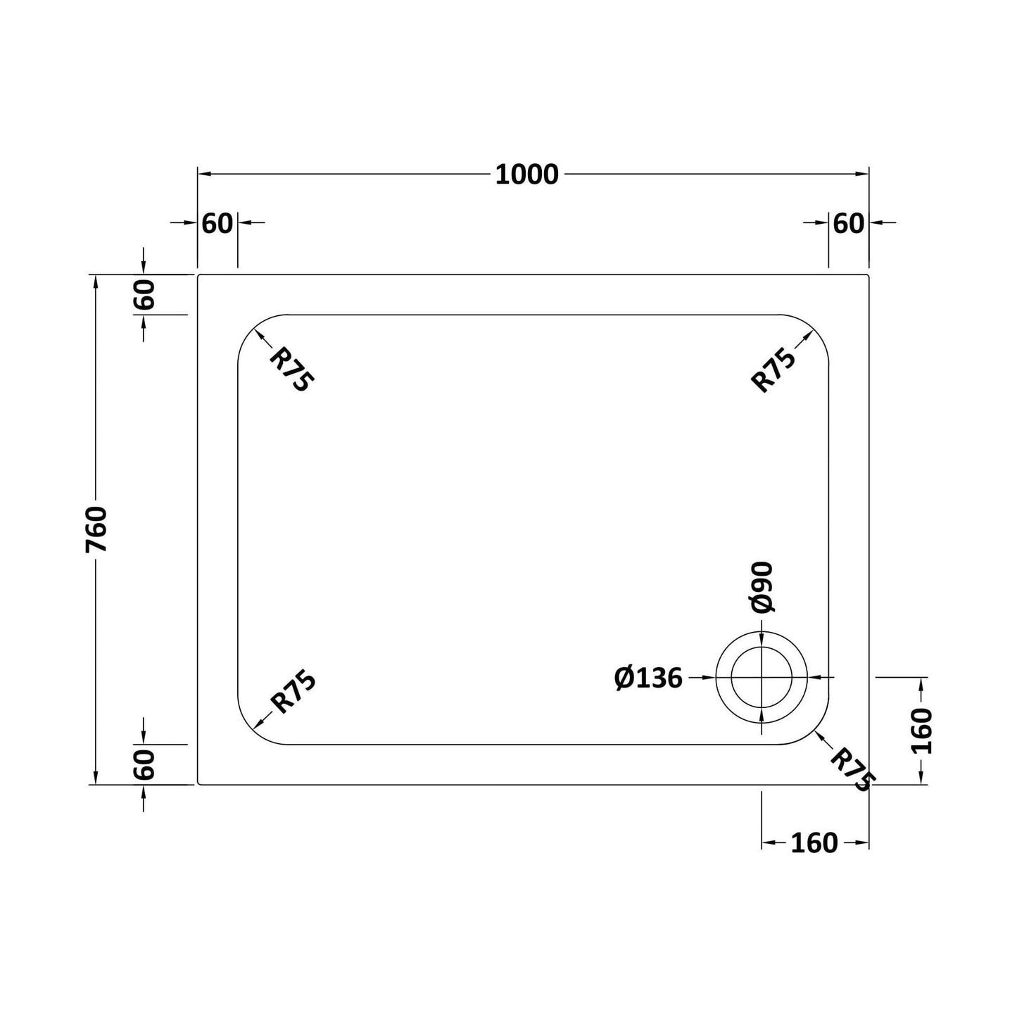 [BETASP1076] White Rectangular Stone Slip Resistant Shower Tray - Available in Multiple Sizes - Technical Drawing