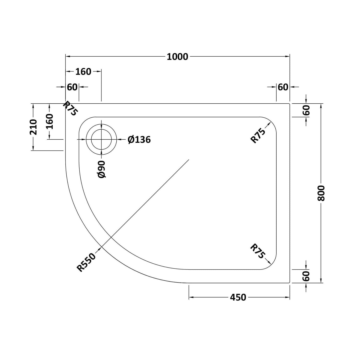 [BETASP1080QL] Bathroom Offset Quadrant Shower Tray, Anti-Slip - Choice of Size and Orientation - Technical Drawing