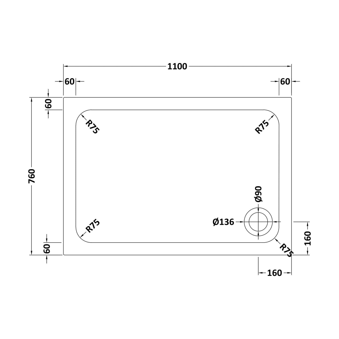 [BETASP1176] White Rectangular Stone Slip Resistant Shower Tray - Available in Multiple Sizes - Technical Drawing
