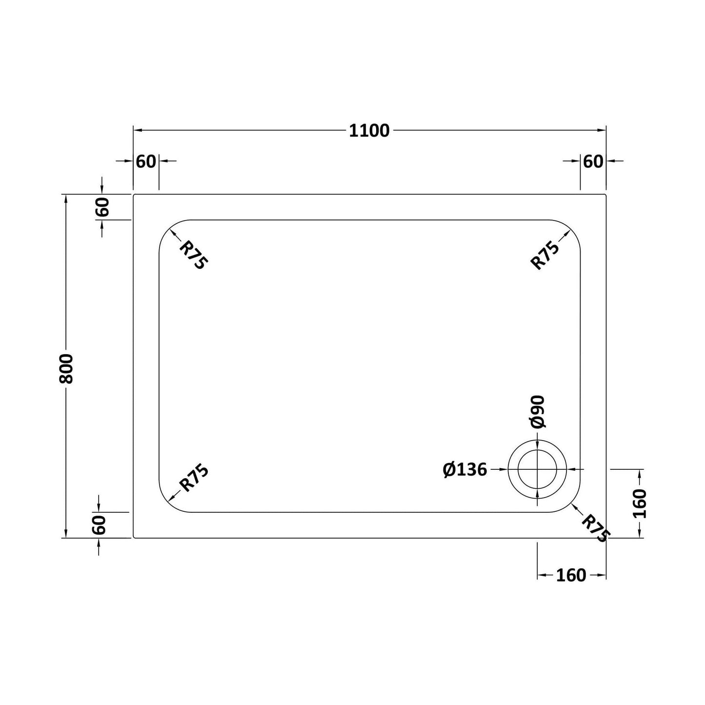 [BETASP1180] White Rectangular Stone Slip Resistant Shower Tray - Available in Multiple Sizes - Technical Drawing
