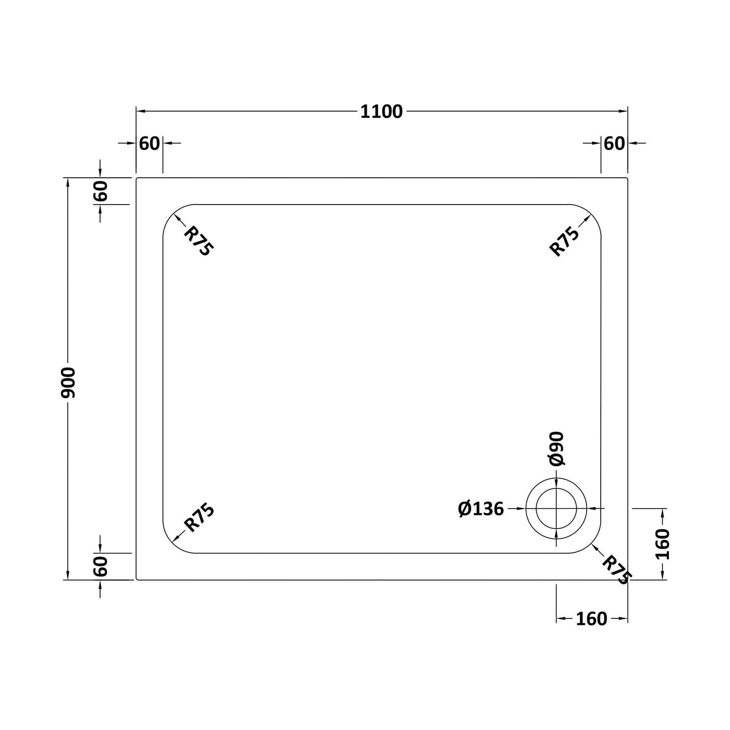 [BETASP1190] White Rectangular Stone Slip Resistant Shower Tray - Available in Multiple Sizes - Technical Drawing