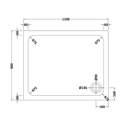 [BETASP1190] White Rectangular Stone Slip Resistant Shower Tray - Available in Multiple Sizes - Technical Drawing