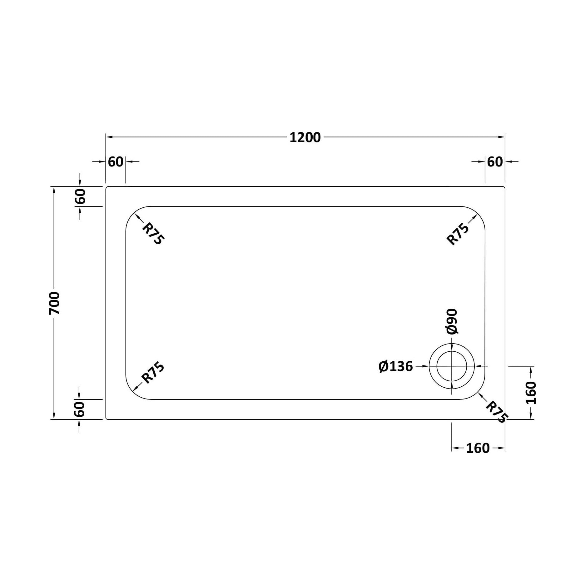 [BETASP1270] White Rectangular Stone Slip Resistant Shower Tray - Available in Multiple Sizes - Technical Drawing