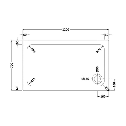 [BETASP1270] White Rectangular Stone Slip Resistant Shower Tray - Available in Multiple Sizes - Technical Drawing