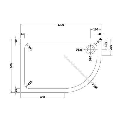 [BETASP1280QR] Bathroom Offset Quadrant Shower Tray, Anti-Slip - Choice of Size and Orientation - Technical Drawing