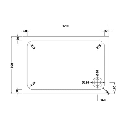 [BETASP1280] White Rectangular Stone Slip Resistant Shower Tray - Available in Multiple Sizes - Technical Drawing