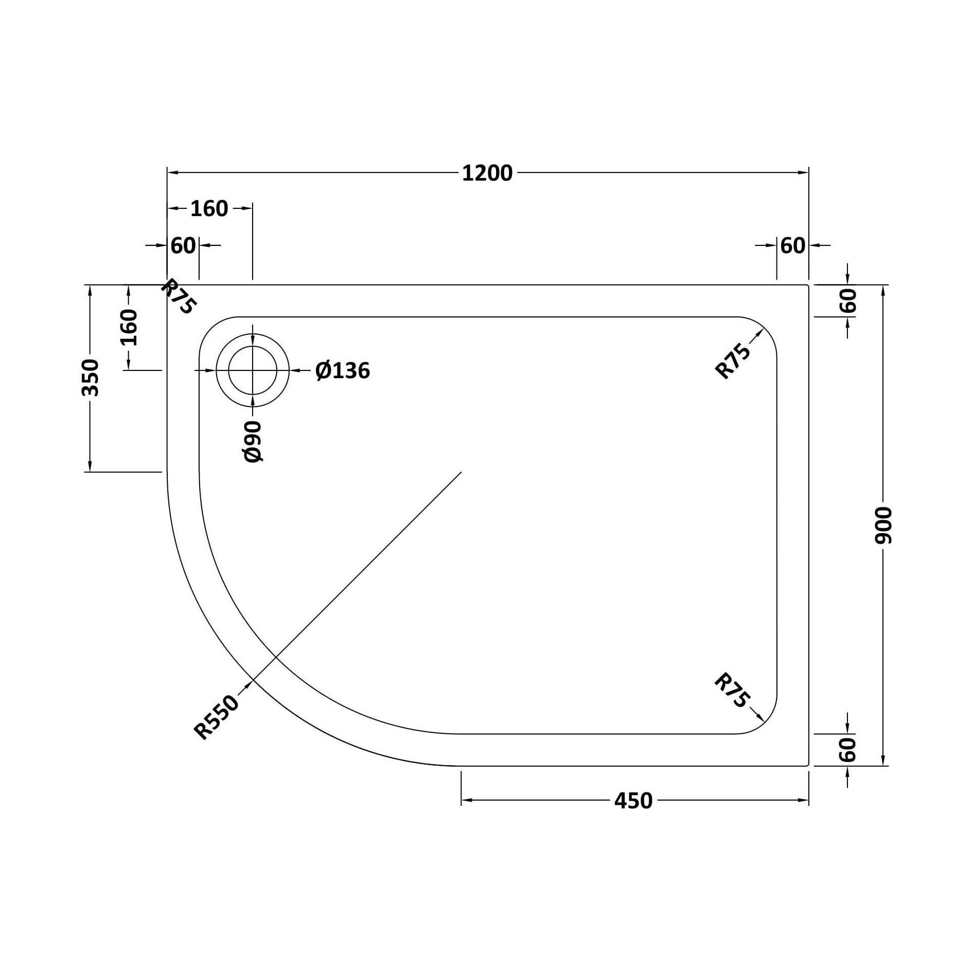 [BETASP1290QL] Bathroom Offset Quadrant Shower Tray, Anti-Slip - Choice of Size and Orientation - Technical Drawing