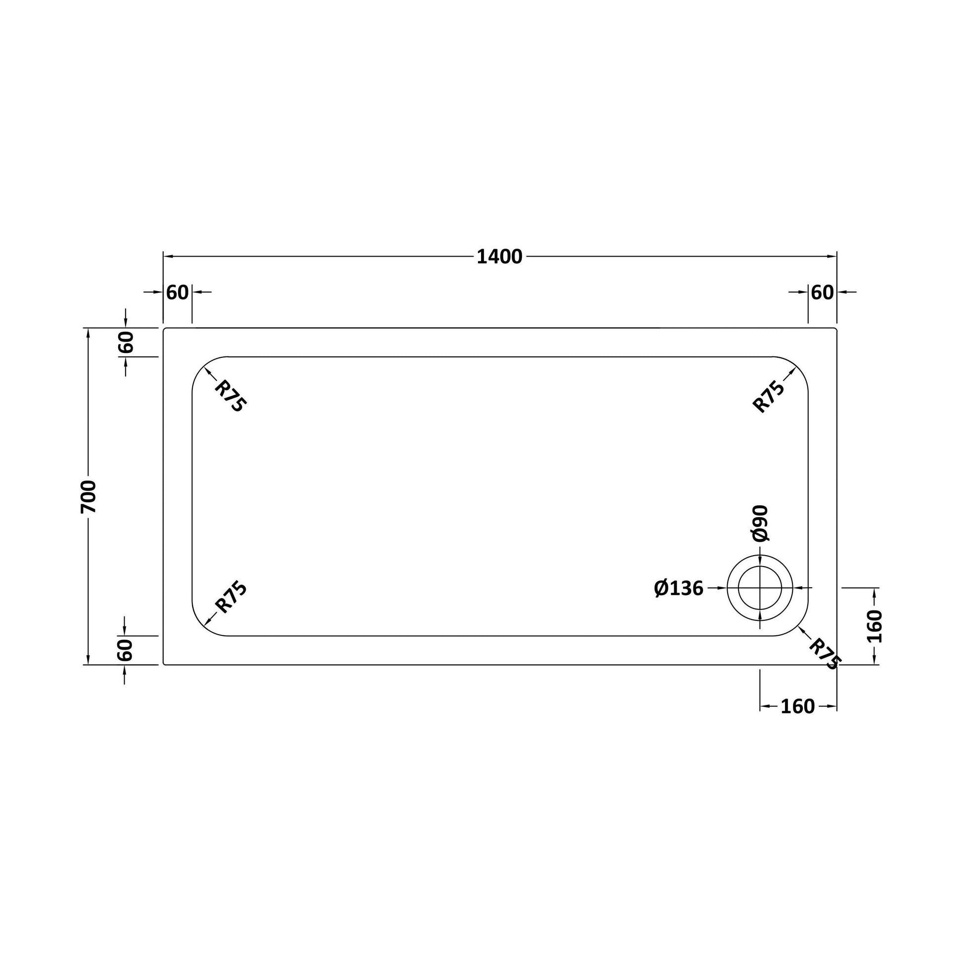 [BETASP1470] White Rectangular Stone Slip Resistant Shower Tray - Available in Multiple Sizes - Technical Drawing