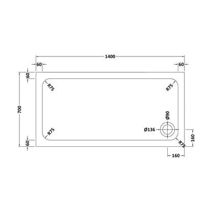 [BETASP1470] White Rectangular Stone Slip Resistant Shower Tray - Available in Multiple Sizes - Technical Drawing
